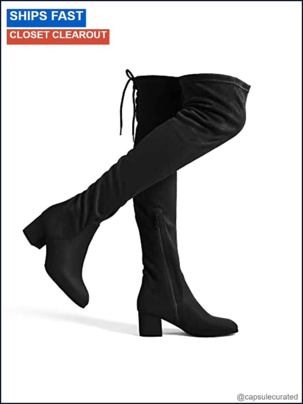 Over The Knee Thigh High Boots Faux Suede Mid Heel Zip